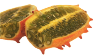 a ripe horned melon-thorn melon-kiwano cut in half